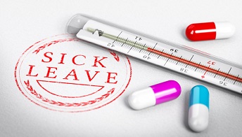 stamp saying sick leave with pill and thermometer